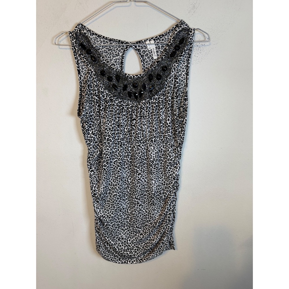Studio Y Women Sleeveless Top Beaded Neckline Leopard Print Black White Size M